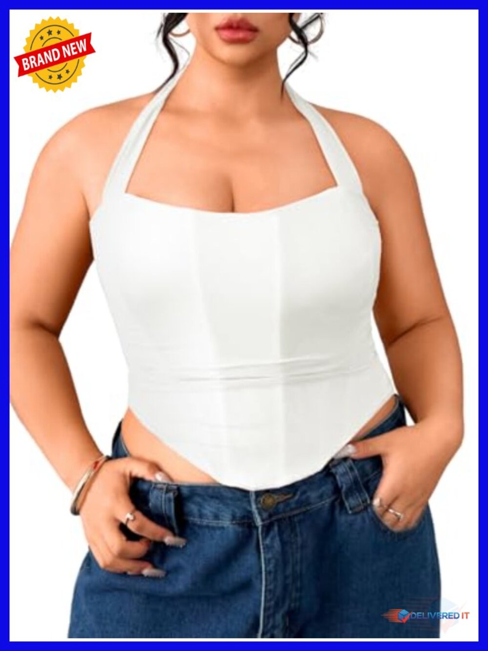 Plus Size Halter Boned Corset, Mesh Lace Up Crop Top, Club Outfits